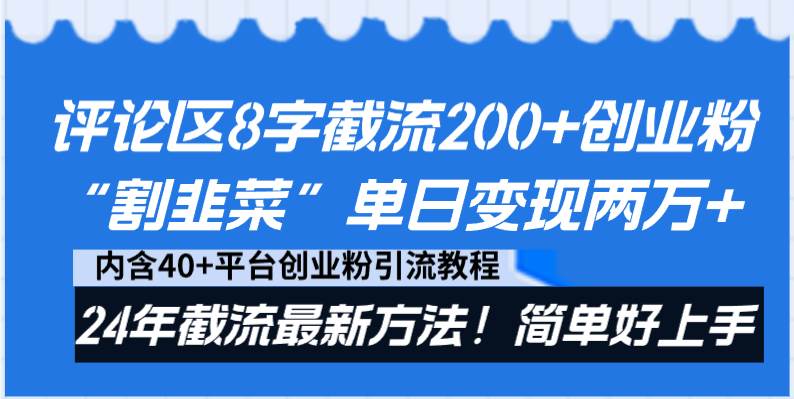 评论区8字截流200+创业粉“割韭菜”单日变现两万+24年截流最新方法！|琦哥资源