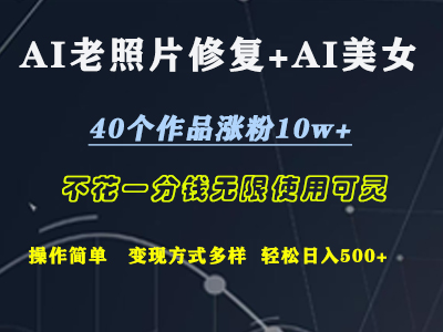 AI老照片修复+AI美女玩发  40个作品涨粉10w+  不花一分钱使用可灵  操作简单  变现方式多样话   轻松日去500+|琦哥资源
