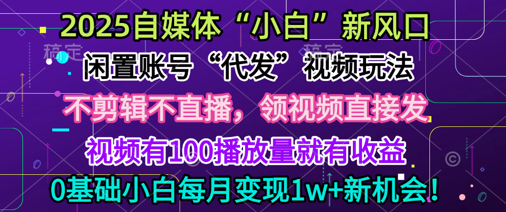 2025每月躺赚5w+新机会，闲置视频账号一键代发玩法，0粉不实名不剪辑，领了视频直接发，0基础小白也能日入300+|琦哥资源