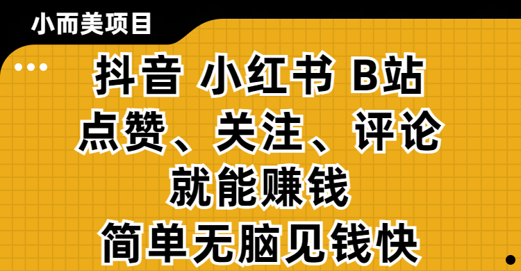 小而美的项目，抖音、小红书、B站视频点赞、关注、评论就能赚钱，简单无脑立见收益！妥妥的零撸项目|琦哥资源