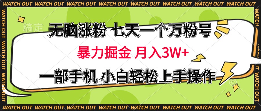 无脑涨粉 七天一个万粉号 暴力掘金 月入三万+，一部手机小白轻松上手操作|琦哥资源