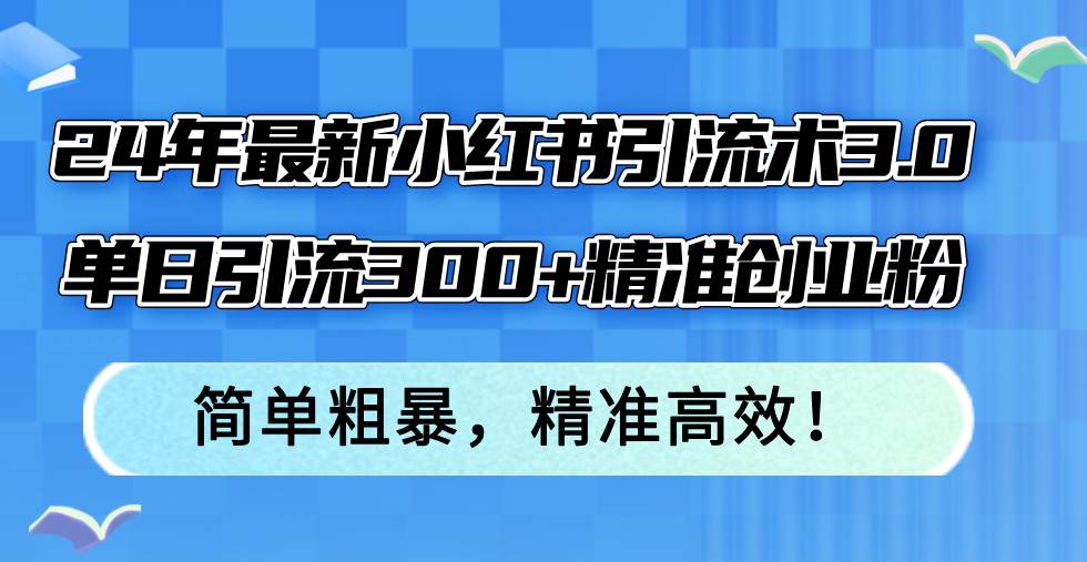 24年最新小红书引流术3.0，单日引流300+精准创业粉，简单粗暴，精准高效！|琦哥资源