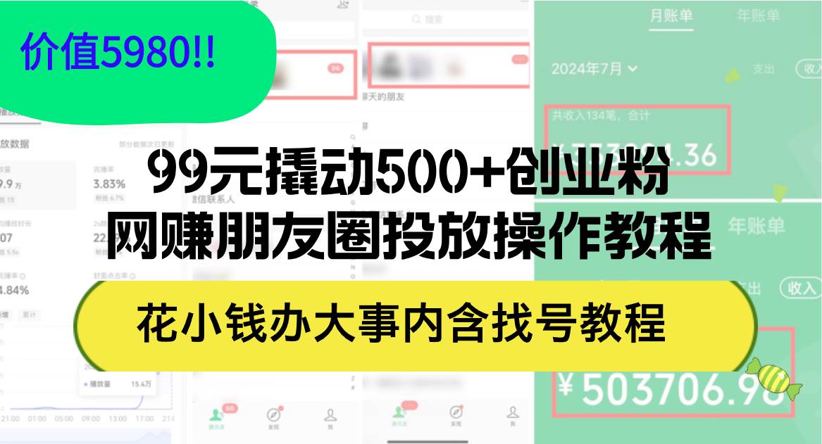 99元撬动500+创业粉，网赚朋友圈投放操作教程价值5980！花小钱办大事内…|琦哥资源