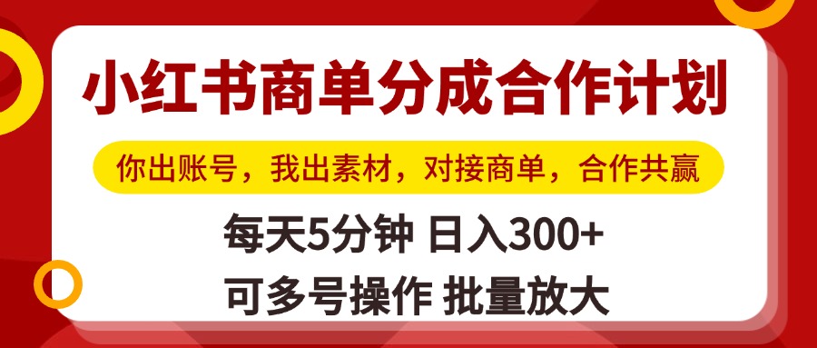 小红书商单分成合作计划，你出账号，我出素材，对接商单，合作共赢，单号日入300+，可批量放大|琦哥资源