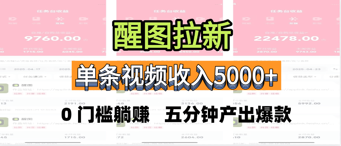 醒图拉新，0 门槛躺赚，五分钟产出爆款，单条视频收入5000+|琦哥资源