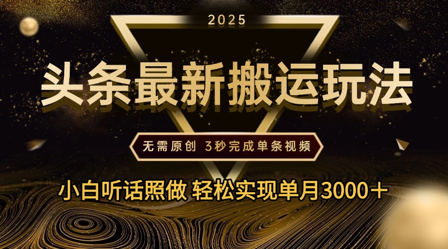 2025年今日头条最新搬运玩法，无需原创3秒完成视频轻松实现单月3000＋|琦哥资源